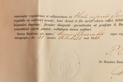 Reliquary - Relic Ex Ossibus St. Dymphna V.M. With Original Document en Brass / Glass / Wax Seal, Belgium  19 th century