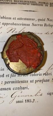 Reliquary - Relic Ex Ossibus St. Joannes Cruce With Original Document en Brass / Glass / Wax Seal, Mechelen - Belgium  19 th century ( Anno 1852 )