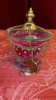 Reliquary - Relic Ex Ossibus St. Justin M. en Glass / Originally Sealed, 19 th century