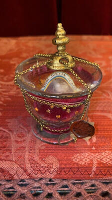 Reliquary - Relic Ex Ossibus St. Justin M. en Glass / Originally Sealed, 19 th century