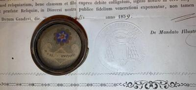 Reliquary - Relic Ex Ossibus St. Juventius With Original Document en Brass / Glass / Wax Seal, Gent - Belgium 19 th century ( Anno 1859 )