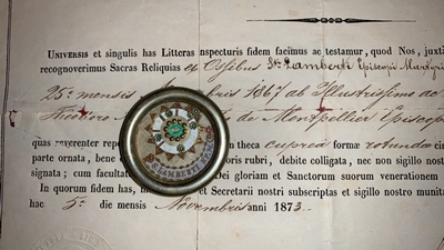 Reliquary - Relic Ex Ossibus St. Lambertus With Original Document en Brass / Glass / Originally Sealed, Gent - Belgium 19th century