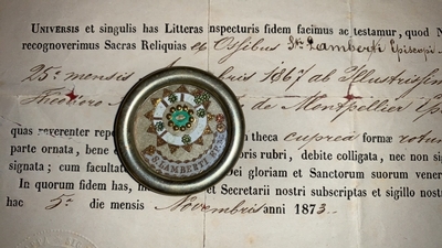 Reliquary - Relic Ex Ossibus St. Lambertus With Original Document en Brass / Glass / Originally Sealed, Gent - Belgium 19th century