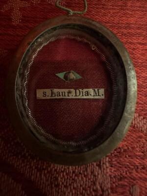 Reliquary - Relic  Ex Ossibus St. Laurentius. en Brass / Glass / Wax Seal, Belgium  19 th century