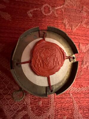 Reliquary - Relic Ex Ossibus St. Laurentius. en Brass / Glass / Wax Seal, Belgium  19 th century