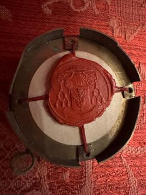 Reliquary - Relic Ex Ossibus St. Laurentius. en Brass / Glass / Wax Seal, Belgium  19 th century
