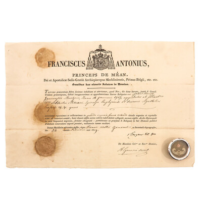 Reliquary - Relic Ex Ossibus St. Laurentius With Original Document en Brass / Glass / Originally Sealed, Belgium 19th century