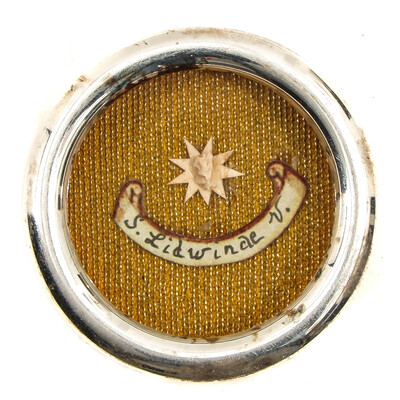 Reliquary - Relic Ex Ossibus St. Lidwina With Original Document en Brass / Glass / Wax Seal, Belgium  19 th century