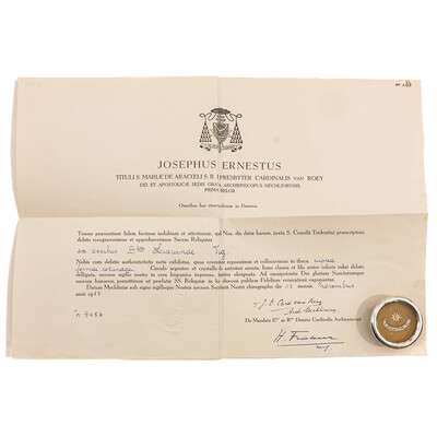 Reliquary - Relic Ex Ossibus St. Lidwina With Original Document en Brass / Glass / Wax Seal, Belgium  19 th century