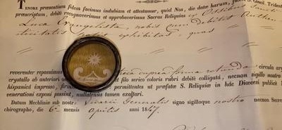 Reliquary - Relic Ex Ossibus St. Lucas Evangelist With Original Document en Brass / Glass / Wax Seal, Belgium  19 th century ( Anno 1847 )