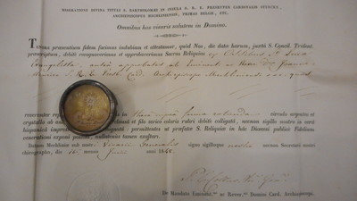 Reliquary - Relic Ex Ossibus St. Lucas With Original Document en Brass / Glass / Wax Seal, Belgium 19 th century