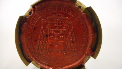 Reliquary - Relic Ex Ossibus St. Machutus Episcopi With Original Document en Brass / Glass / Wax Seal, Belgium 19 th century