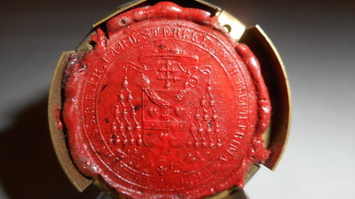 Reliquary - Relic Ex Ossibus St. Machutus Episcopi With Original Document en Brass / Glass / Wax Seal, Belgium 19 th century