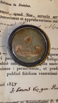 Reliquary - Relic Ex Ossibus St. Philomena With Original Document en Brass / Glass / Wax Seal, Bruges Belgium  19 th century