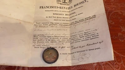 Reliquary - Relic Ex Ossibus St. Philomena With Original Document en Brass / Glass / Wax Seal, Bruges Belgium  19 th century