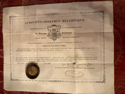 Reliquary - Relic Ex Ossibus St. Philomena With Original Document en Brass / Glass / Wax Seal, Belgium  19 th century ( Anno 1859 )