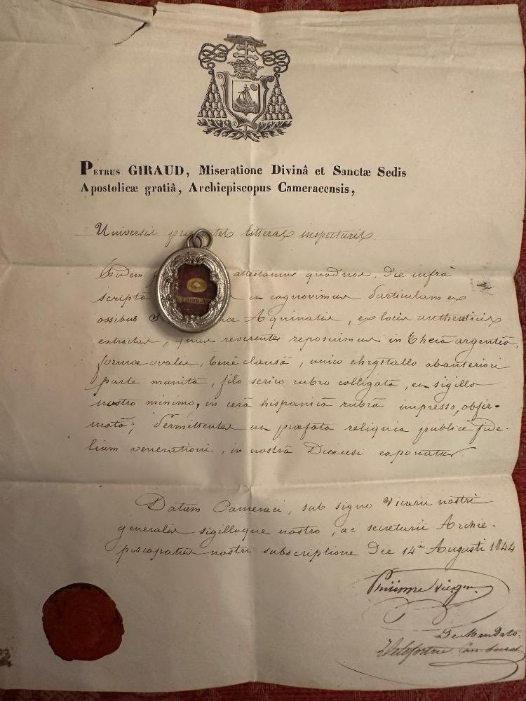 1  Reliquary - Relic Ex Ossibus St. Thomas Of Aquino With Original Document