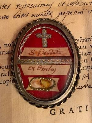 Reliquary - Relic Ex Ossibus ( Tooth ) St. Deodati With Original Document Italy 18 th century