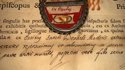 Reliquary - Relic Ex Ossibus ( Tooth ) St. Deodati With Original Document Italy 18 th century