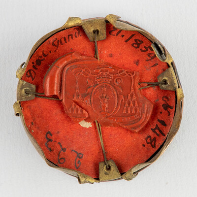 Reliquary - Relic Ex Subucala Sancti Ignatii Loyolae Confessoris en Brass / Glass / Wax Seal, Belgium  19 th century