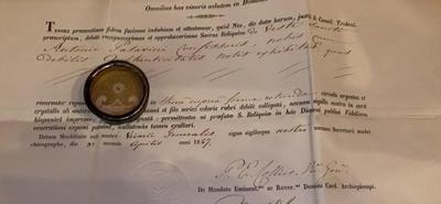 Reliquary - Relic Ex Veste St. Anthony Of Padua With Original Document en Brass / Glass / Wax Seal, Mechelen - Belgium  19 th century ( Anno 1847 )
