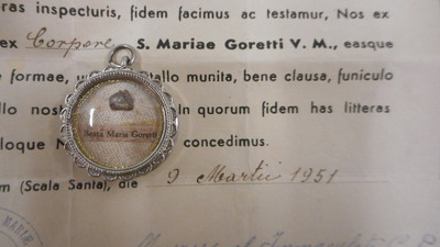 Reliquary - Relic Maria Goretti With Original Document  en Brass Plated / Glass / Wax Seal, Belgium 20th Century