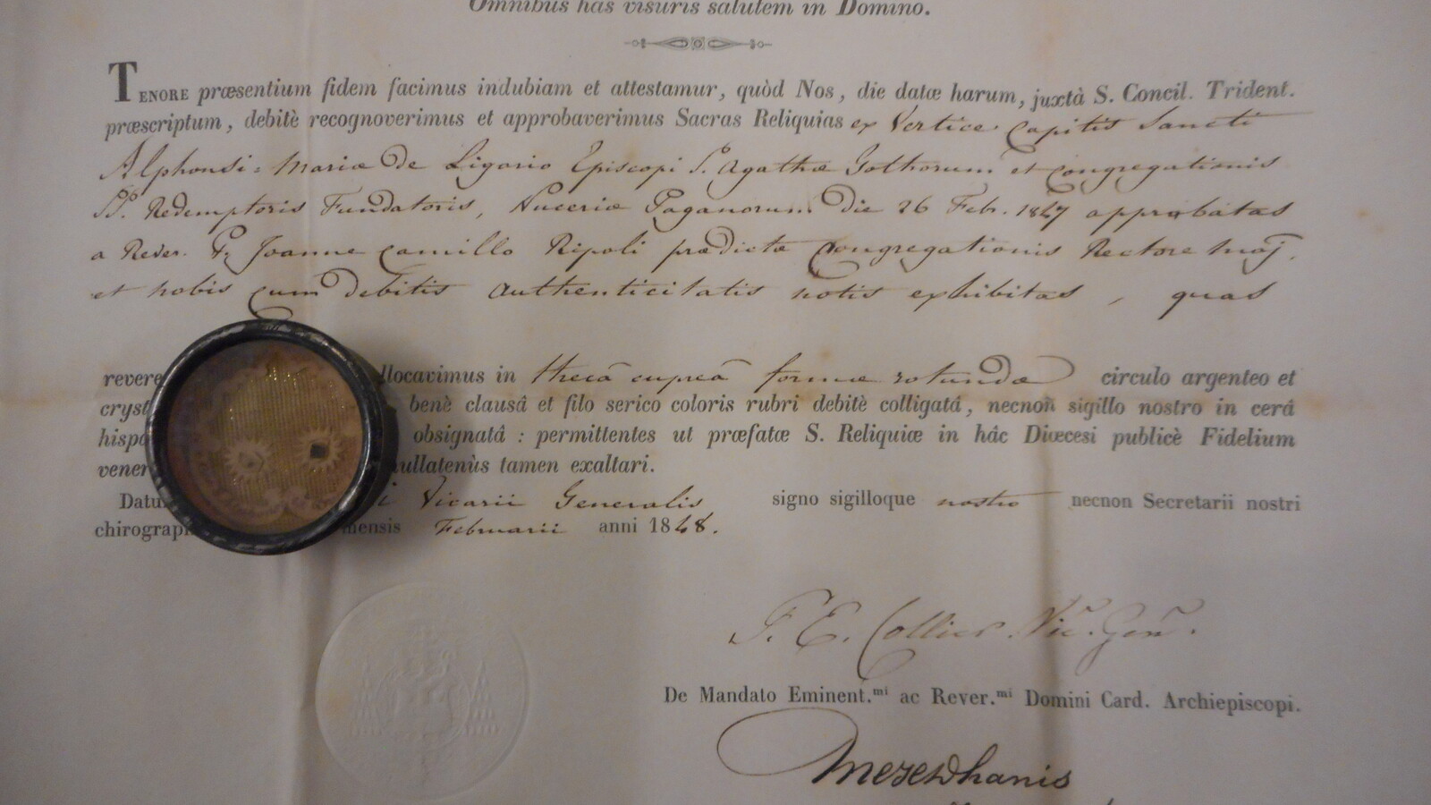 1  Reliquary Relic St. Alfonsus With Original Document