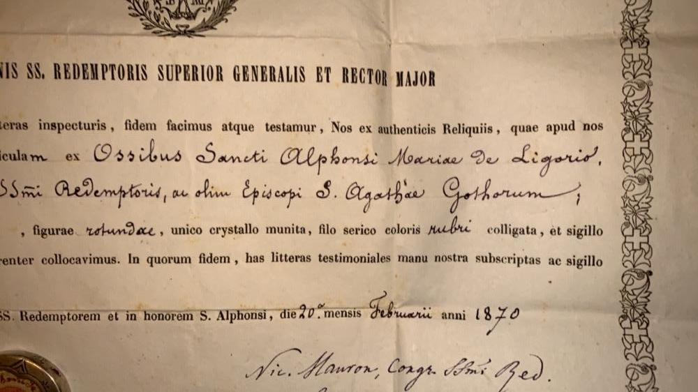 1  Reliquary - Relic St. Alphonsus De Liquori With Original Document