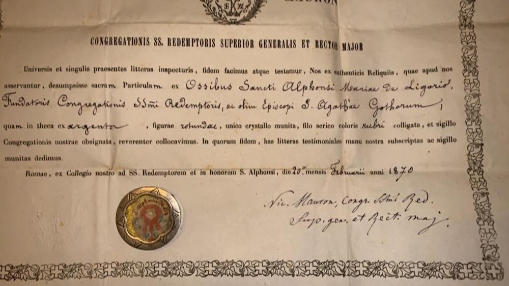 1  Reliquary - Relic St. Alphonsus De Liquori With Original Document