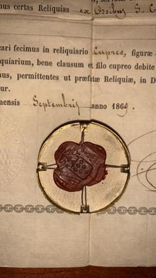 Reliquary - Relic St. Crispini M. With Original Document en Brass / Glass / Originally Sealed, Belgium 19th century ( anno 1869 )