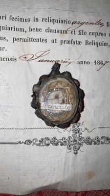 Reliquary - Relic St. Franciscus Ass. Ex Habitu With Original Document en Silver, Belgium 19th century ( anno 1867 )