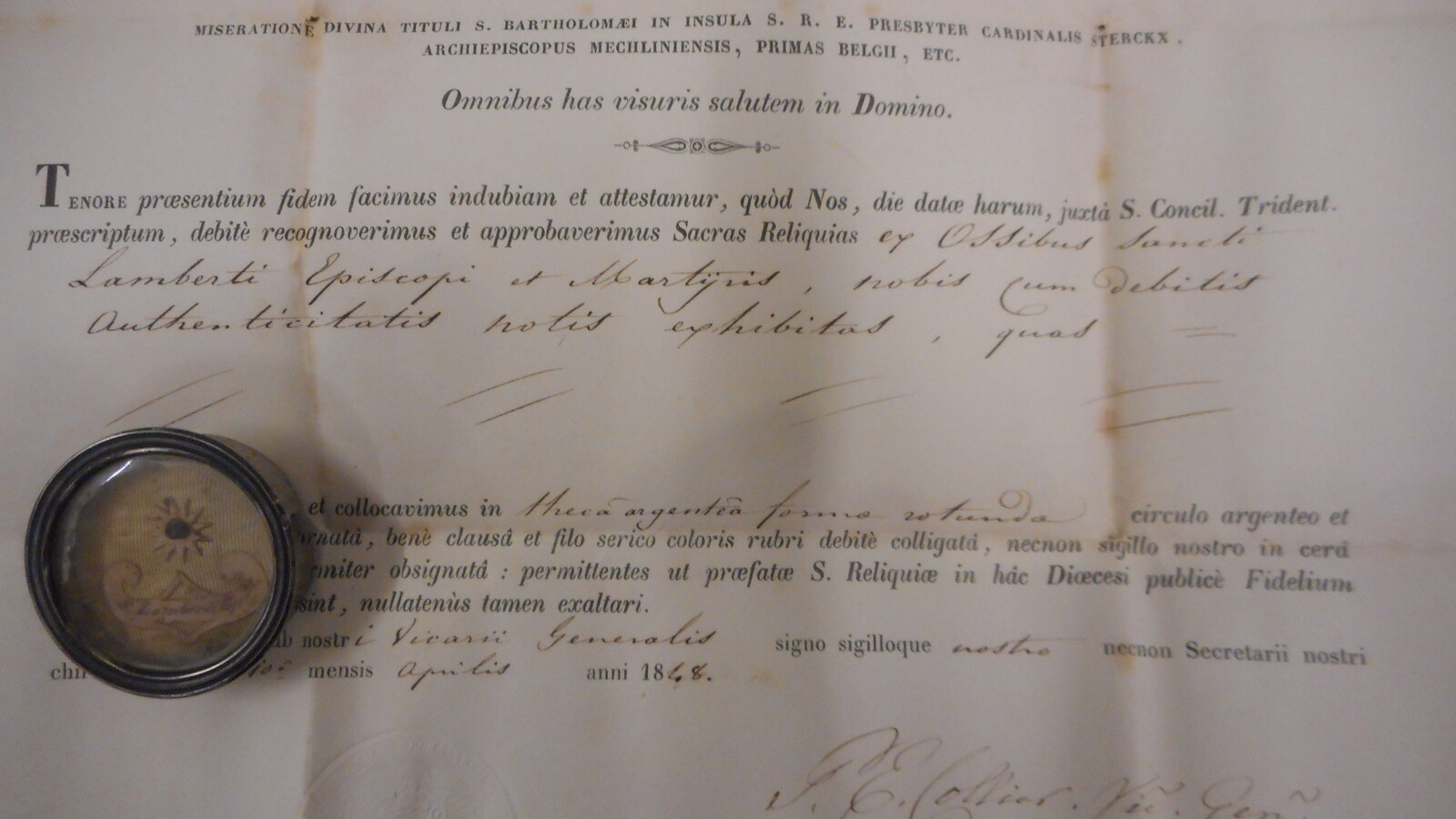 1  Reliquary - Relic St. Lambertus With Original Document