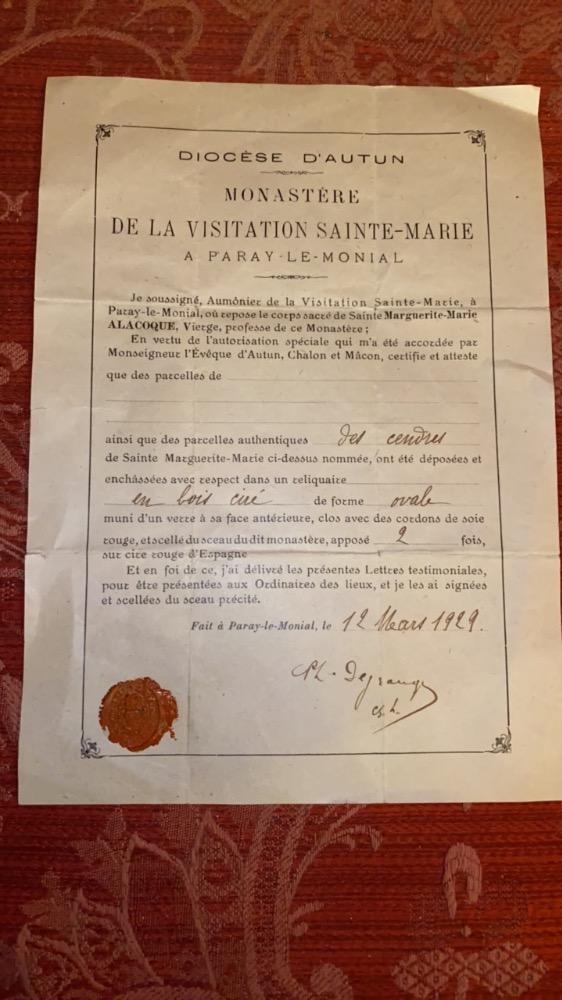 1  Reliquary - Relic St. Margareta Maria Alacoque With Document Ex Cendres = Ex Ashes