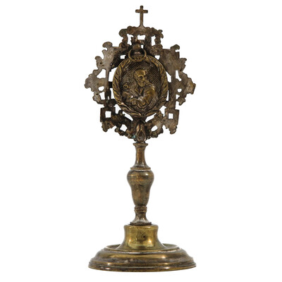 Reliquary - Relic St. Petrus. en Brass / Bronze / Glass, Belgium  19 th century