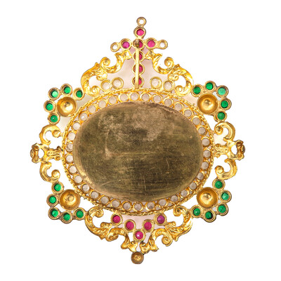 Reliquary - Relic True Cross  en Brass / Glass / Wax Seal / Stones, France 19 th century