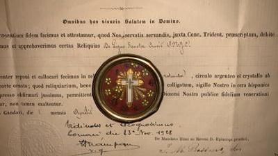 Reliquary - Relic True Cross With Original Document en Brass / Glass / Originally Sealed, Belgium 19th century ( anno 1875 )