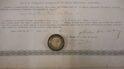 Reliquary - Relic - True Cross With Original Document  en Brass Plated / Glass / Wax Seal, 19 th century