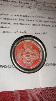 Reliquary - Relic With Original Document en Brass / Glass / Originally Sealed, Gent - Belgium 19th century ( 1876 )