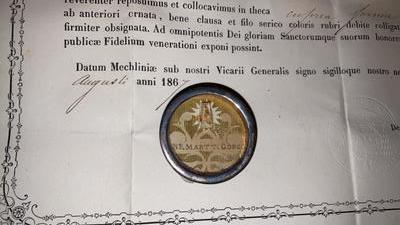 Reliquary - Relic With Original Document Ex Ossibus Ss.Mm. Of Gorcum en Brass / Glass / Originally Sealed, Belgium 19th century ( anno 1876)