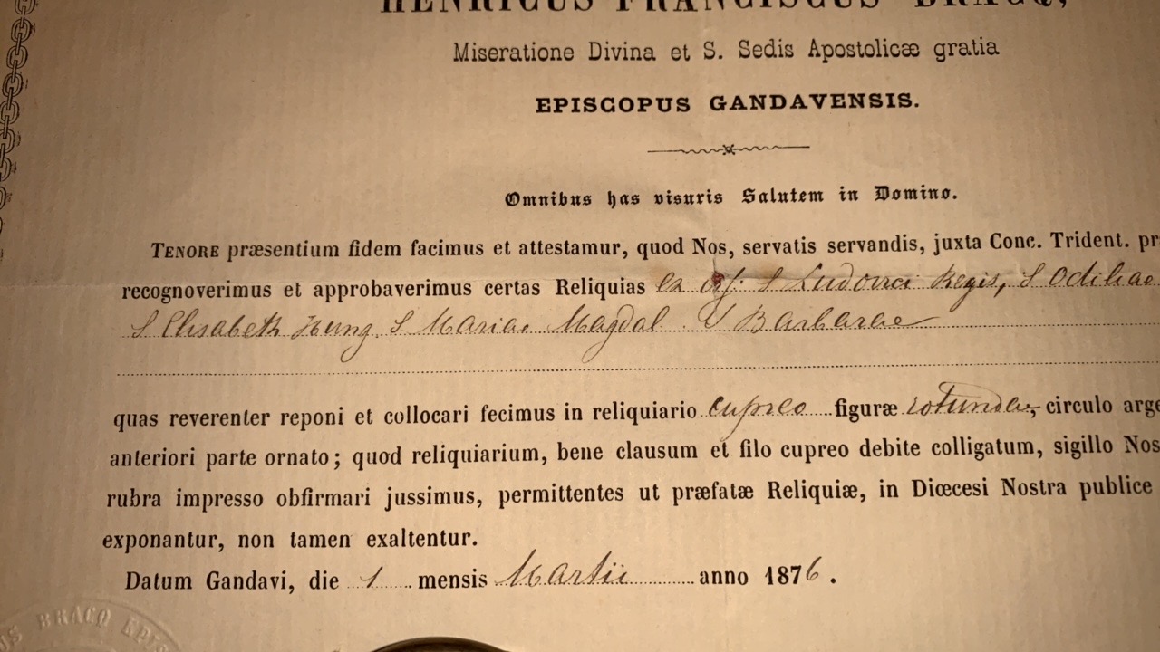 1  Reliquary - Relic With Original Document. Relics : Ex Ossibus. S. Ludovici Regis. S. Odiliae V. S. Agathae V.M. Elisabeth Hung. S. Maria Magdal. S. Barbara.