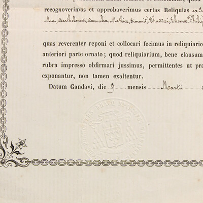 Reliquary - Relics 12 Apostles & The 4 Evangelists With Original Document en Brass / Glass / Wax Seal, Belgium  19 th century ( Anno 1855 )