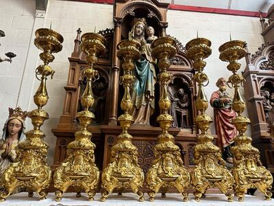 Altar -Set 6 Matching Large Candle Sticks Height Without Pin: 130 Cm ! style Rococo - Style en Brass / Bronze / Gilt , Belgium  18 th century ( Anno 1750 )