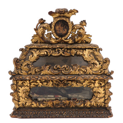 Exceptional Reliquary - Shrine Ex Ossibus Relics : St. Victoriani M. St. Severini M. St. Anthony M. St. Hyacinthi M. & More style Rococo - Style en Wood Polychrome / Glass / Wax Seal /  Glass, Belgium  17 / 18 th century