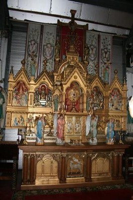1 roman Classicistic Altar , Hand-Carved Wood / Gilt , Table Full Oak , Bronze Tabernacle (Safe) , Corpus & Reliefs Wood , Angels Terra-Cotta