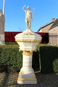 Baptismal Font style Romanesque en Terra-Cotta polychrome / Zinc / Wood, France 19th century (1870)