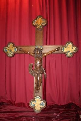 1 Romanesque Crucifix And Corpus Christi Fully Hand-Carved Oak, Applications 4 Evangelists, Romanesque-Style, 19th Cent.  (1890)