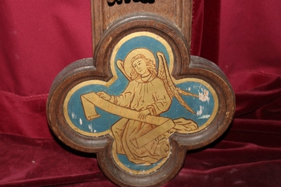 1 Romanesque Crucifix And Corpus Christi Fully Hand-Carved Oak, Applications 4 Evangelists, Romanesque-Style, 19th Cent.  (1890)