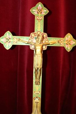 Exceptional Altar Cross Double Sided style Romanesque en Bronze / Gilt / Enemelled, France 19th century