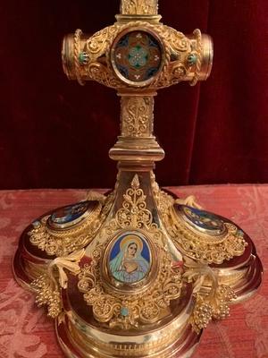 Exeptional Chalice With Original Paten. Weight Chalice 1.05 Kgs ! Reserved style Romanesque en Full silver / Gilt / Filigrain /  Enamel - Medallions / Stones , France 19th century ( anno 1865 )