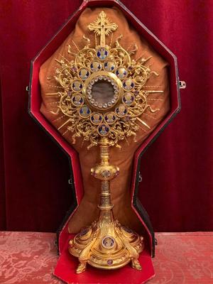Exeptional Monstrance With Original Case style Romanesque en full silver Gilt /  Precious Stones Turquoise Amethist / Enamel Medallions and Elements., France 19th century ( anno 1875 )